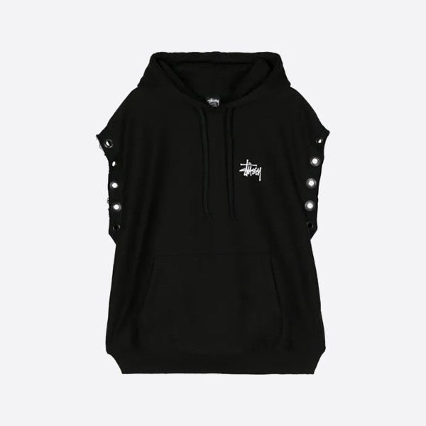 레플 스투시 x 준야 와타나베 맨 로고 프린트 노슬리브 후디 블랙 레플리카