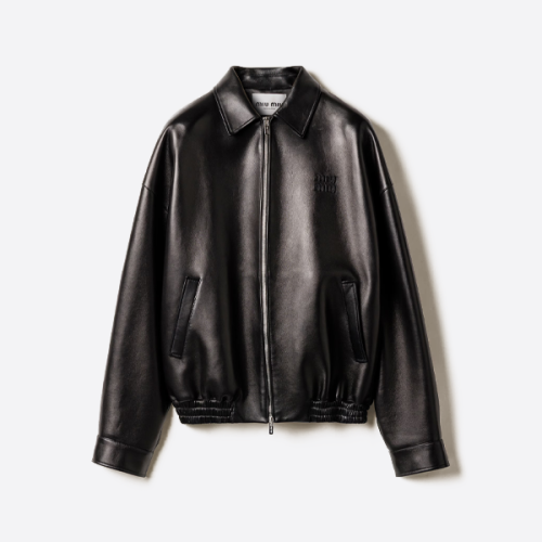 스탠드업 칼라와 자수 로고가 있는 Miu Miu 가죽 재킷