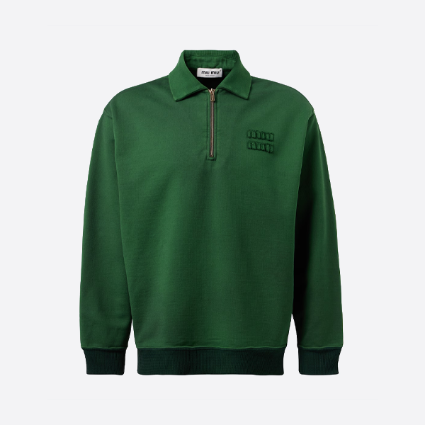 미우미우 패치 레터링 하프 지퍼 라펠 스웨트셔츠