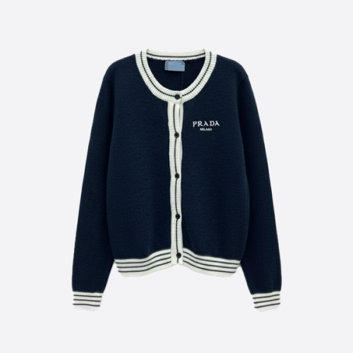 PRADA Logo Contrast Line Cardigan Navy