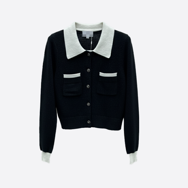 CHANEL Contrast-Trim Knit Cardigan black