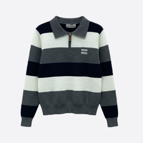 MIU MIU Striped Half-Zip Knit Top gray
