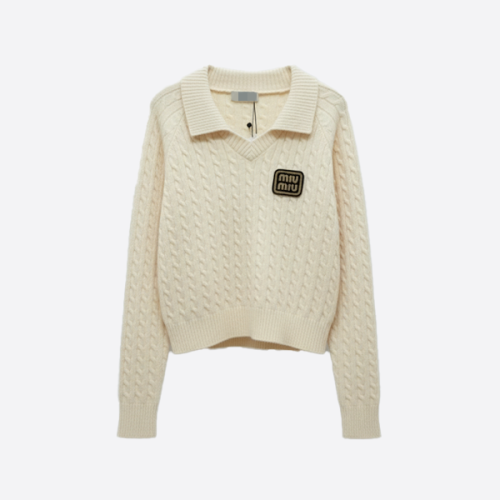 MIU MIU Logo Patch Cable Knit Sweater ivory