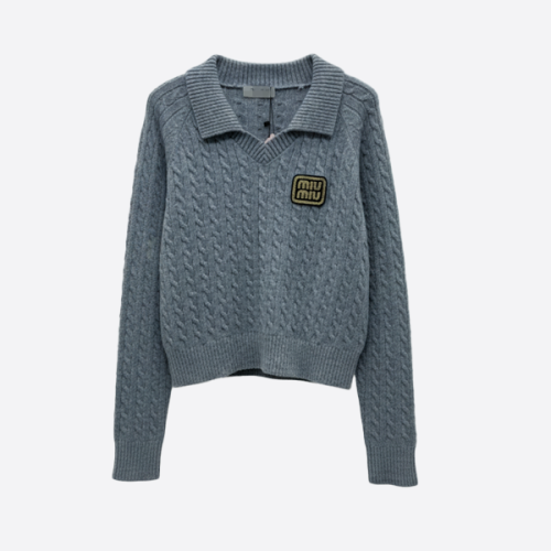 MIU MIU Logo Patch Cable Knit Sweater gray