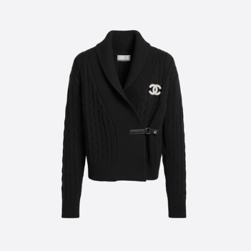CHANEL Leather-Buckle Cable Knit Cardigan black