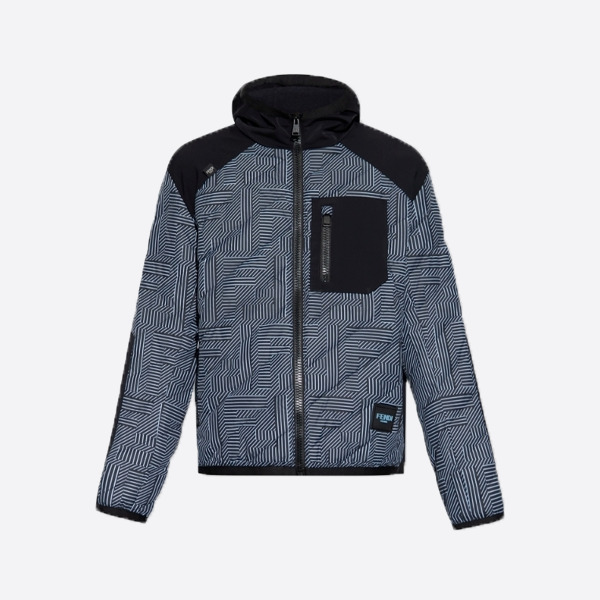 Fendi black and blue full print FF nylon jacket hooded cotton coat