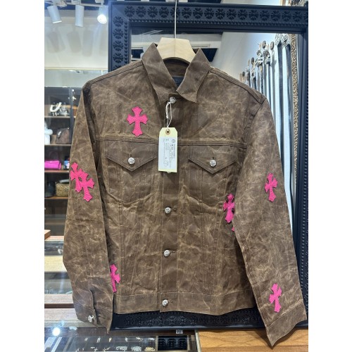 크롬하츠 한정판 오일왁스 패브릭 및 가죽 패치워크 데님 재킷 (푸크시아)