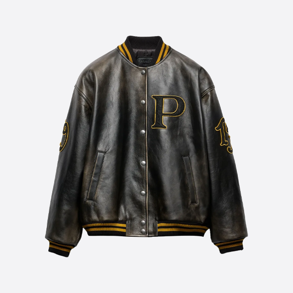 프라다 패치 자수 가죽 재킷 블랙