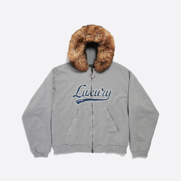 발렌시아가 퍼 칼라 패치워크 지퍼 스웨트셔츠