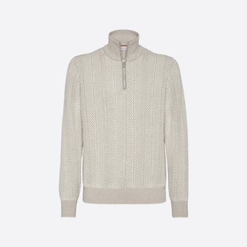 브루넬로 쿠치넬리 하프 지퍼 더블 스레드 캐시미어 헤링본 스웨터