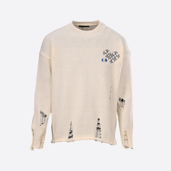 크롬하츠 자수 디스크 산스크리트 십자가 찢어진 니트 스웨터 베이지