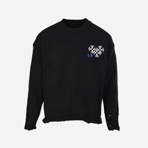 크롬하츠 자수 디스크 산스크리트 십자가 찢어진 니트 스웨터 블랙