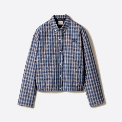 미우미우 블루 플레드 허리 자수 플레드 재킷