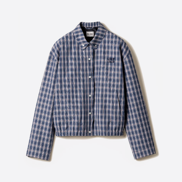 미우미우 블루 플레드 허리 자수 플레드 재킷