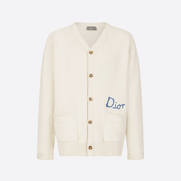 디올 자수 코튼 블렌드 버튼다운 카디건 스웨터