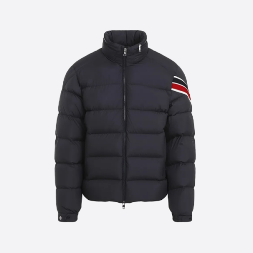 몽클레르 트리컬러 슬리브 스트라이프 리본 스탠드 칼라 다운 재킷