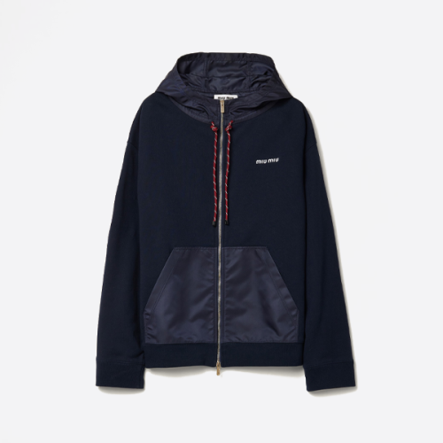 미우미우 자수 스몰 로고 패치워크 지퍼업 후드 재킷