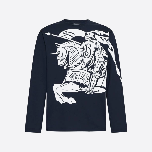 버버리 호스 프린트 긴팔 티셔츠, 네이비 블루
