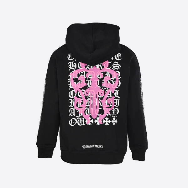 크롬 하츠 퍼플 소드 산스크리트 손 십자가 프린트 후드 스웨트셔츠, 블랙