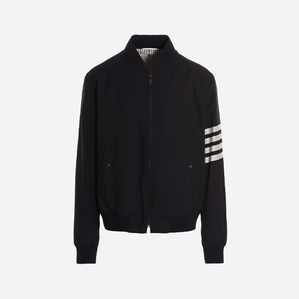 톰 브라운 원사 염색 울 혼방 4선 스트라이프 야구 점퍼, 블랙