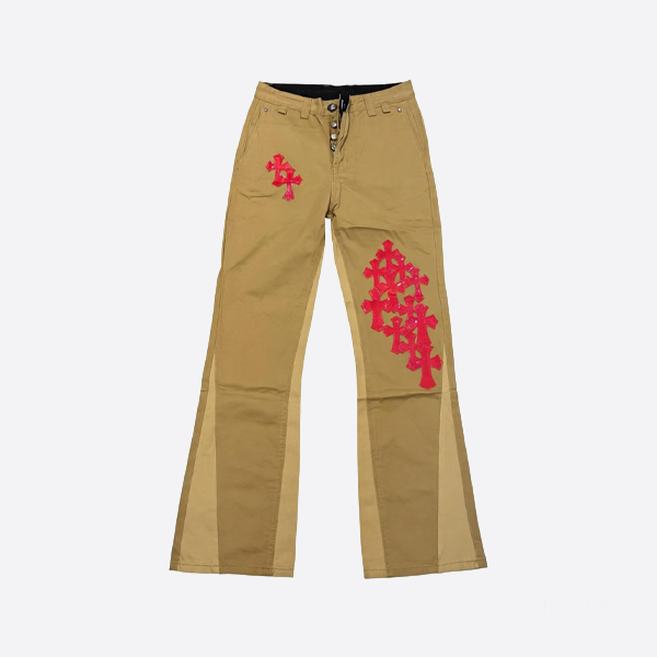 크롬 하츠 카키 패치워크 레드 가죽 플레어 진