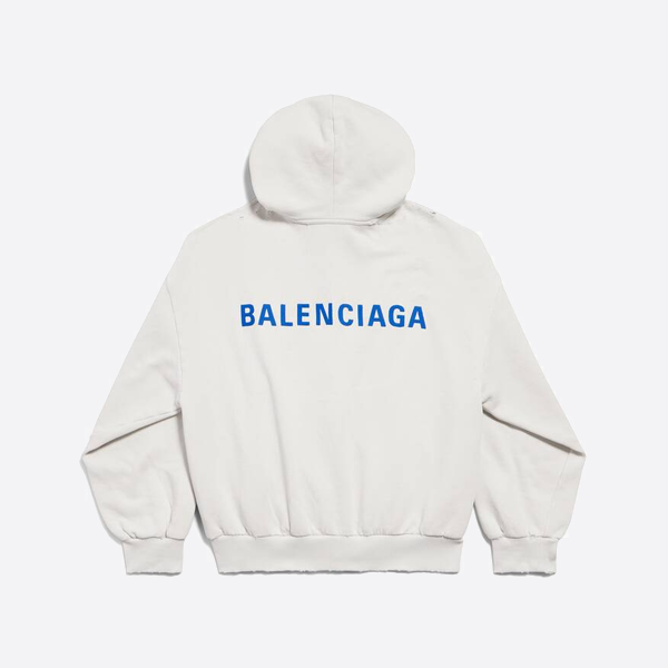 발렌시아가 로고 자수 후드 집업 재킷, 화이트/블루.