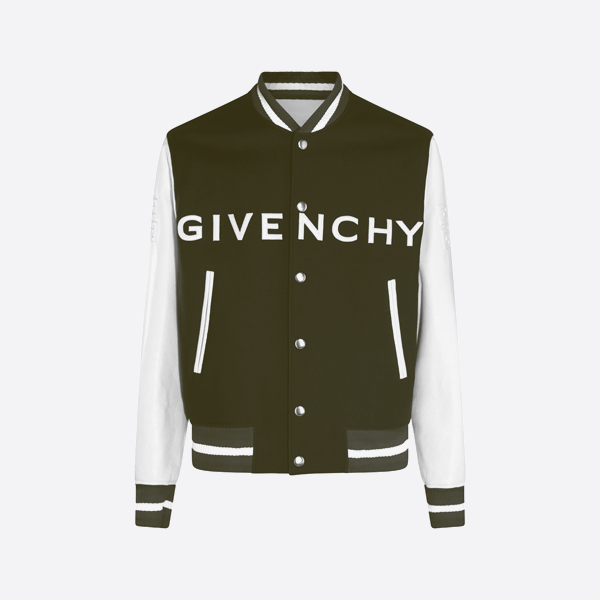 지방시 자수 레터링 가죽 소매 패치워크 울 베이스볼 재킷