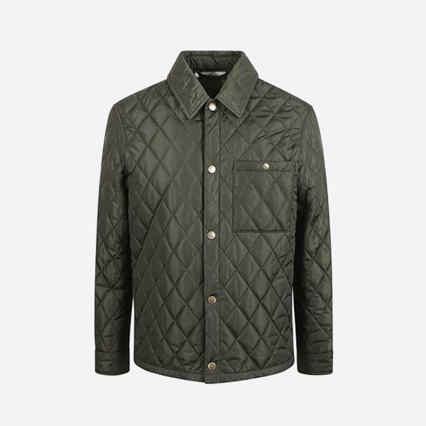 버버리 솔리드 컬러 퀼팅 포켓 체크 코튼 코트, 그린