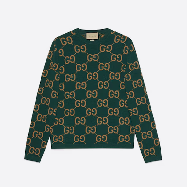 구찌 자카드 풀오버 니트 스웨터, 녹색.