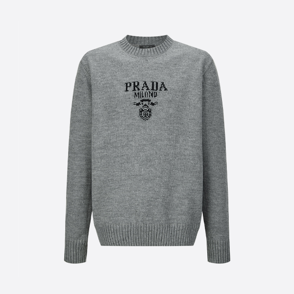 프라다 자카드 로고 니트 스웨터, 회색