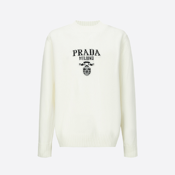 프라다 자카드 로고 니트 스웨터, 화이트