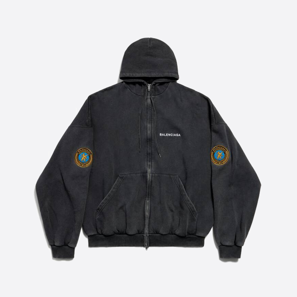 발렌시아가 배지 소매 패치 후드 집업 재킷