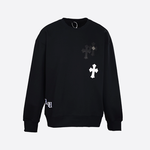 크롬하츠 가죽 크로스 크루넥 스웨트셔츠, 블랙