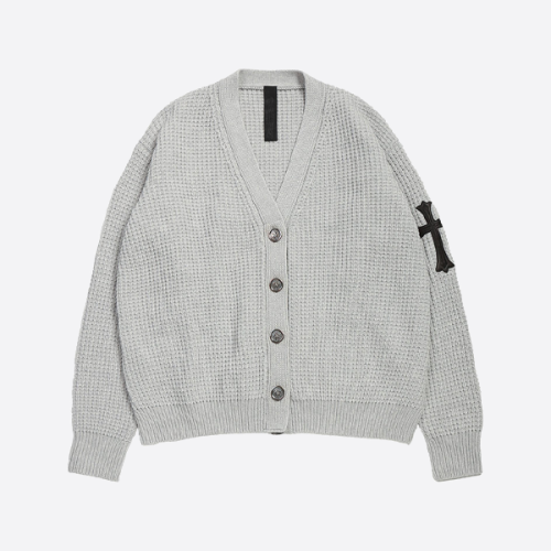 크롬 하츠 슬리브 레더 크로스 와플 니트 캐시미어 가디건 (그레이)
