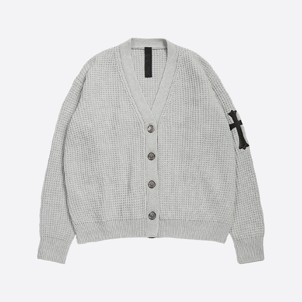 크롬 하츠 슬리브 레더 크로스 와플 니트 캐시미어 가디건 (그레이)
