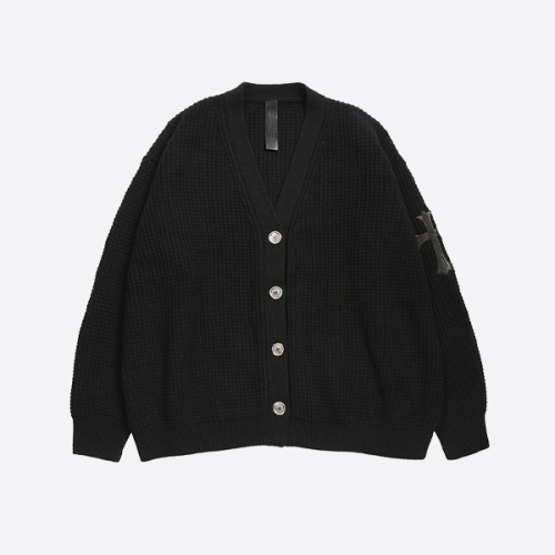 크롬하츠 슬리브 레더 크로스 와플 니트 캐시미어 가디건 (블랙)