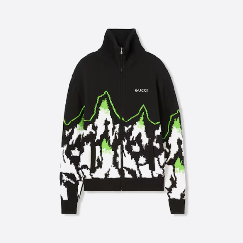 구찌 스키 테마 산 풍경 꽃무늬 하이넥 니트 지퍼업 재킷