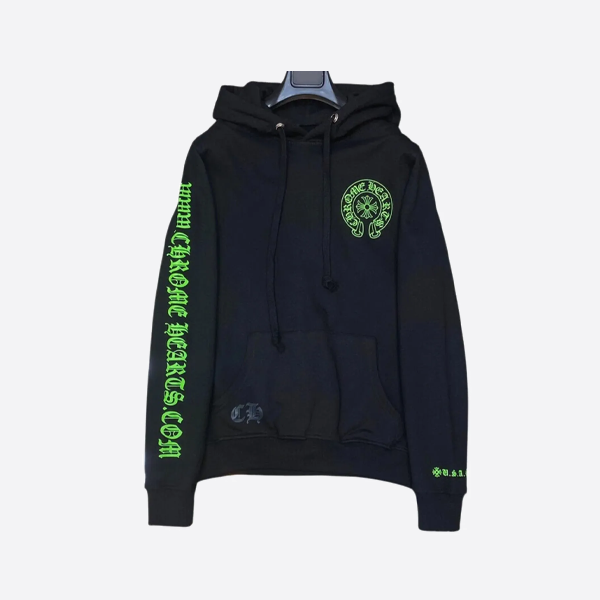 크롬하츠 형광 녹색 산스크리트어 프린트 후드티