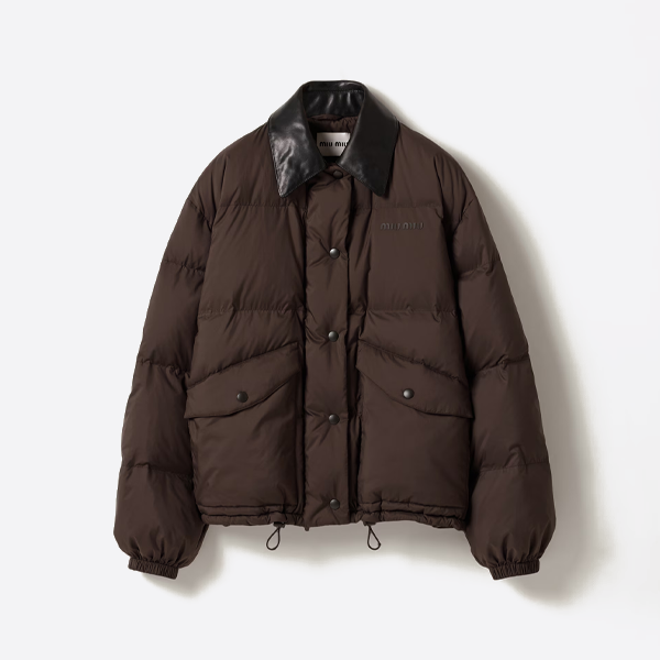 미우미우 로고 프린트 가죽 칼라 다운 재킷