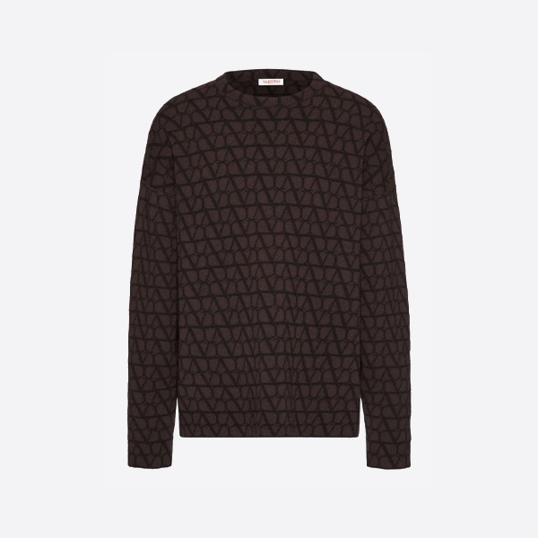 발렌티노 V 로고 자카드 크루넥 스웨터, 브라운