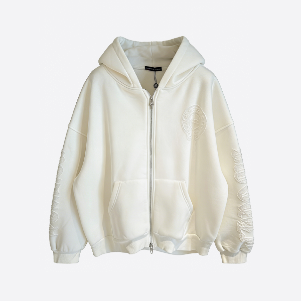 크롬하츠 신형 플리스 안감 지퍼업 스웨트셔츠 재킷, 화이트