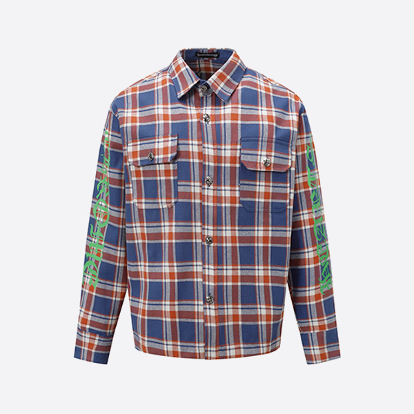 크롬하츠 스트라이프 체크 패치워크 실버 버튼 블루 긴팔 셔츠