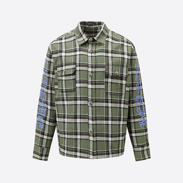 크롬하츠 스트라이프 체크 패치워크 실버 버튼 그린 긴팔 셔츠
