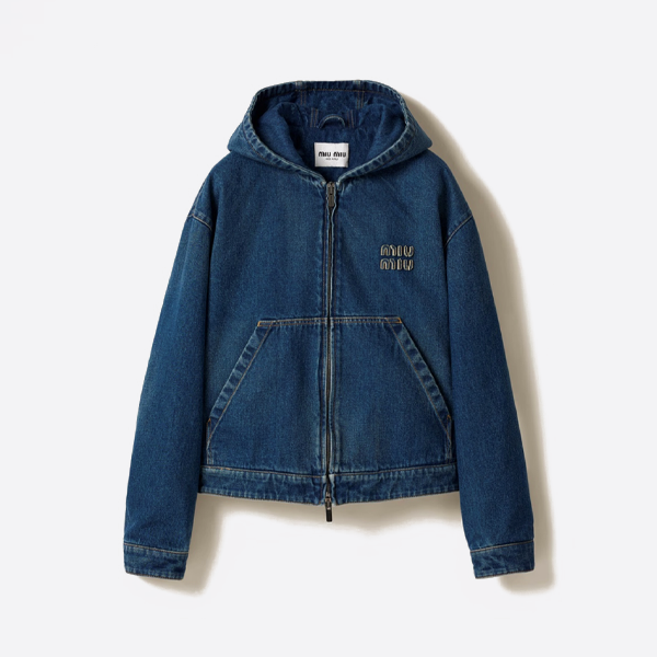 미우미우 아플리케 지퍼 후드 데님 재킷