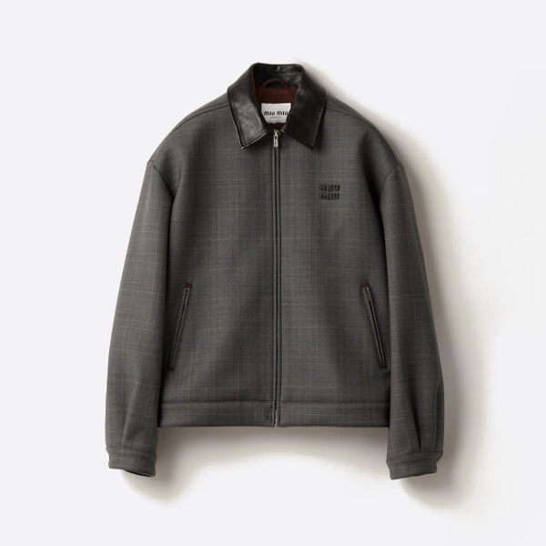 미우미우 가죽 칼라 체크무늬 지퍼업 재킷