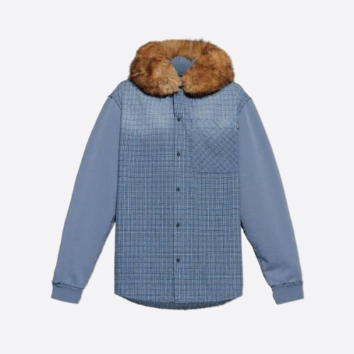 발렌시아가 체크무늬 패치워크 후드 가디건 (퍼 칼라 포함)