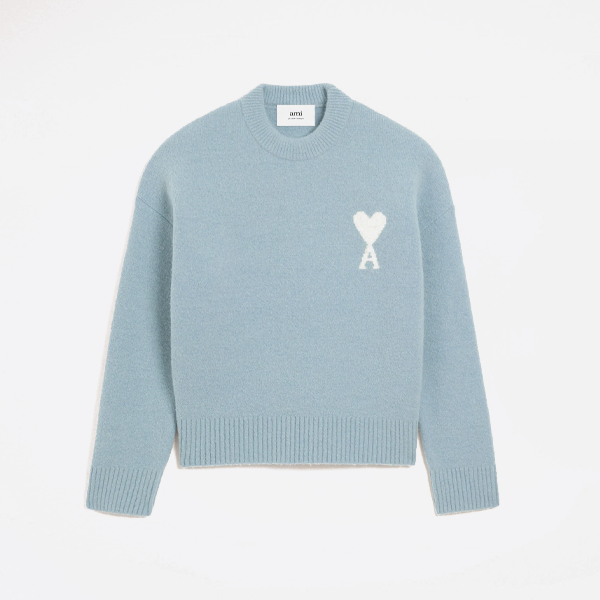 아미 파리 삼색 하트 자카드 크루넥 스웨터 (블루)