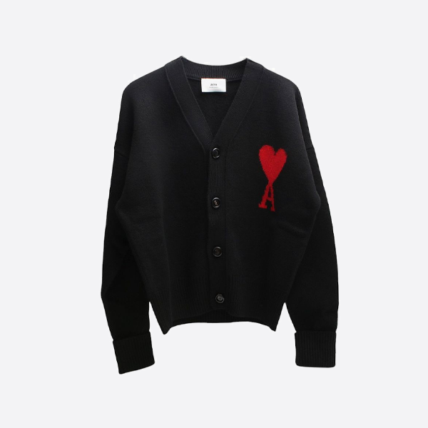 아미 파리 마이크로 로고 자수 하트 가디건, 블랙