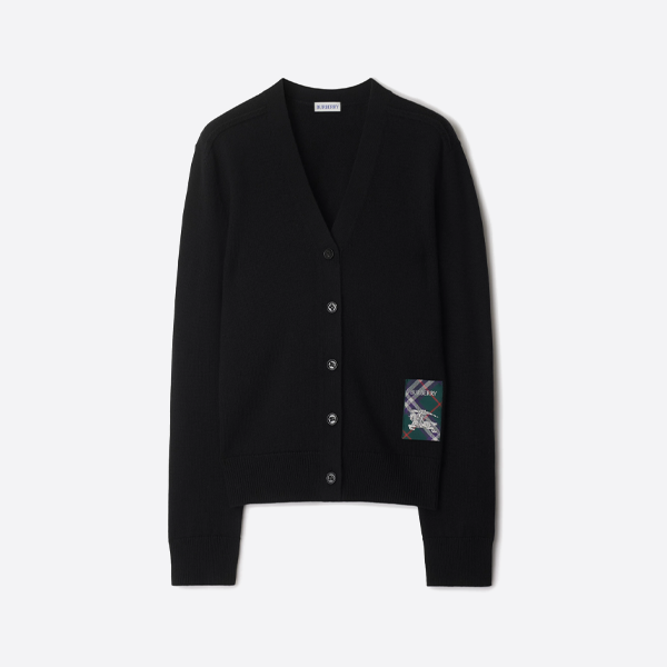 버버리 체크 승마 아플리케 가디건 스웨터, 블랙