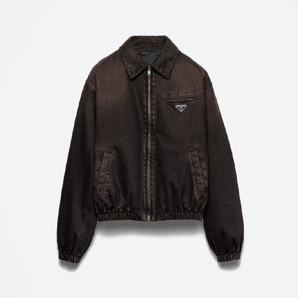 삼각형 로고가 있는 프라다 디스트레스드 데님 재킷